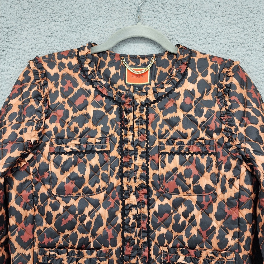 J.Crew Re-Imagined Quilted Leopard Print Ruffle Trim Jacket Size 6 Animal‎ Print - Picture 9 of 13